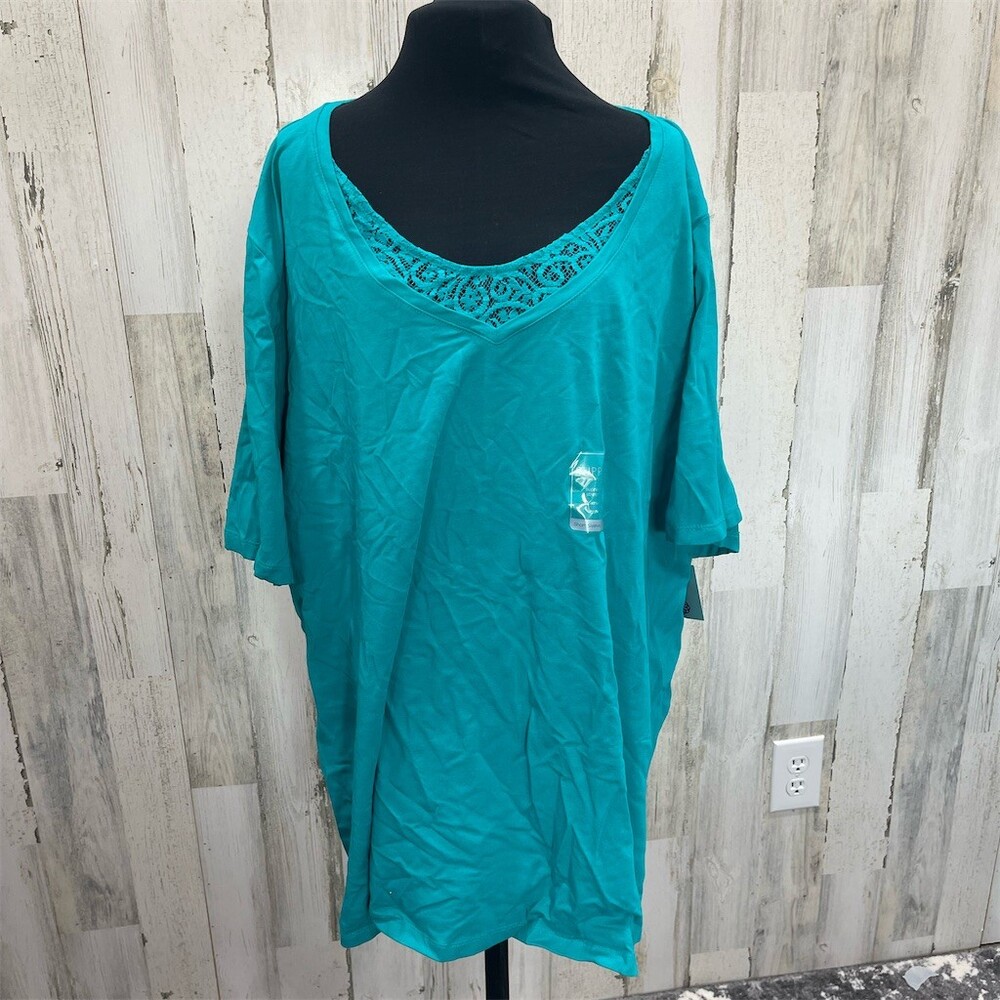 Catherines Top Womens 3X Teal V-Neck Lace Inset Short Sleeve Pullover sku761